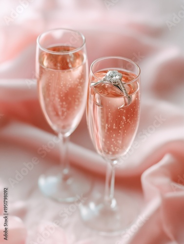 Champagne Glasses and Wedding Rings on a Soft Pink Background During a Celebr...