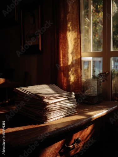 Stack of Newspapers on Wooden Table Near Window in Morning Light
