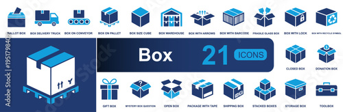 Box packaging icon set. Containing ballot box, delivery truck, conveyor, pallet, warehouse, fragile package, gift, shipping, storage, toolbox and more. Solid fill vector icons collection.