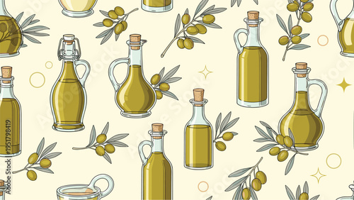 Elegant seamless pattern showcasing an assortment of olive oil bottles and jugs, interspersed with fresh olive branches and ripe green and black olives.