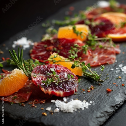 Slices of Blood Orange and Cured Meat Arranged on a Dark Serving Board With H...