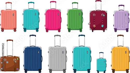 Colorful travel suitcases collection with rolling luggage bags for tourism and vacation vector illustration set