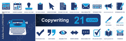 Copywriting icon set. Containing blog page, calendar, stamp, clipboard, cursor, document, newsletter, keyboard, megaphone, quote, typing and more. Solid fill vector icons collection.