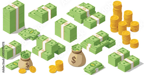Money stacks cash bundles gold coins and money bags financial wealth vector illustration set