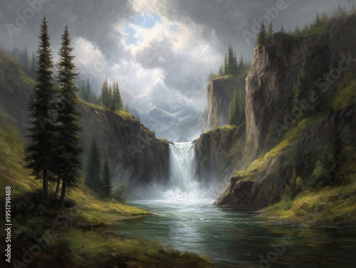 Waterfall Flows Through Rocky Cliffs With Pine Trees and Cloudy Sky at a Natu...