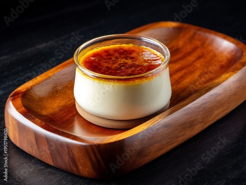 Delicious Dessert Served in a Glass Jar With Caramel Topping on a Wooden Tray