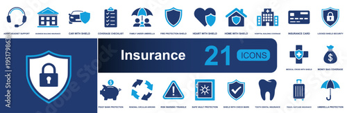 Insurance icon set. Containing shield, car, family, home, hospital, card, money, dental, travel, vault, umbrella, checklist, risk warning and more. Solid fill vector icons collection.
