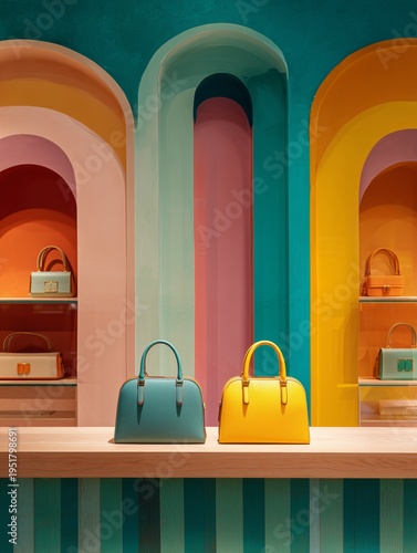 Colorful Display of Bags in a Store With Bright Walls and Stylish Shelves