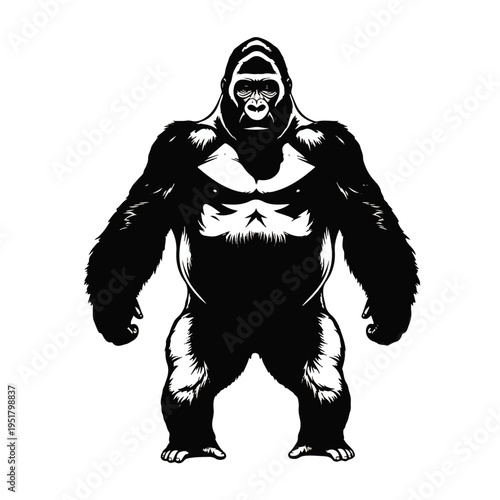 Gorilla Silhouette : A striking black and white silhouette of a powerful gorilla, standing tall with a commanding presence. Perfect for illustrating strength, wildlife.