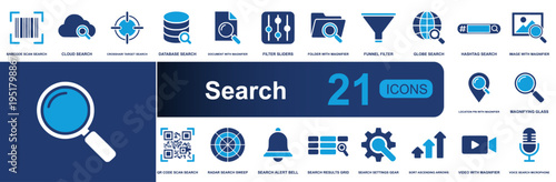 Search icon set. Containing barcode scan, cloud, database, document, filter, folder, globe, QR code, radar, video, voice and more. Solid fill vector icons collection for digital lookup tool.