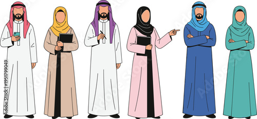 Arab men and women wearing traditional Islamic clothing thobe abaya and hijab cultural vector illustration set