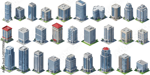 Isometric city buildings collection modern skyscrapers offices apartments urban architecture vector illustration set