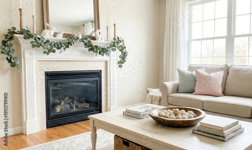 Bright living room interior with easter decorations and a fireplace.