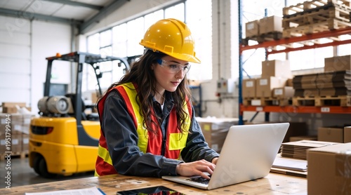 Female warehouse manager working on a laptop. Young woman in hard hat and safety vest checking inventory in a distribution center. Industrial logistics and supply chain concept