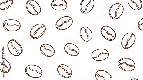 Rustic seamless pattern showcasing scattered coffee beans, rendered in a warm brown monochrome line art style, perfect for cafe or breakfast themes.