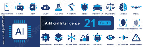 Artificial intelligence icon set. Containing chatbot, AI chip, cloud, robot arm, shield, autonomous car, drone, fingerprint, voice assistant and more. Solid fill vector icons collection.