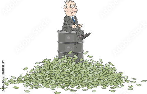 Lucky businessman sitting on a barrel of gasoline in a heap of money and enjoying higher oil prices, vector cartoon illustration on a white background