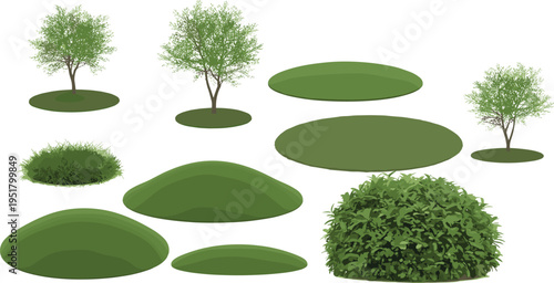 Green leafy trees and bushes in a park setting with various shades of green foliage