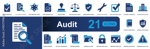 Audit icon set. Containing checklist, report file, stamp, compliance shield, data validation, ledger book, invoice review, secure lock, verified seal and more. Solid vector icons collection.