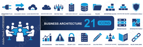 Business architecture icon set. Containing API gateway, cloud, database, governance shield, server racks, documentation, service catalog, value chain and more. Solid vector icons collection.