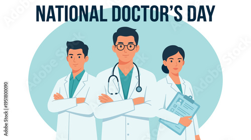 National Doctor's Day celebration banner honoring medical team dedication and healthcare professionals for hospital social media and greeting cards