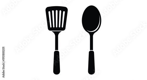 Black kitchen utensils a spatula and spoon presented as a silhouette