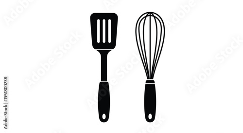 Black kitchen utensils a spatula and whisk in stark silhouette