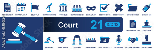 Court icon set. Containing gavel, courthouse, bench, decision, evidence, fingerprint, judge, jury, legal folder, microphone, settlement, verdict and more. Solid fill vector icons collection.