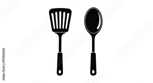 Black kitchen utensils a spatula and a ladle in a dark silhouette