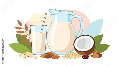 Wholesome arrangement of plant-based milk in a pitcher and glass, surrounded by an assortment of nuts, coconut, and decorative leaves, promoting healthy alternatives.