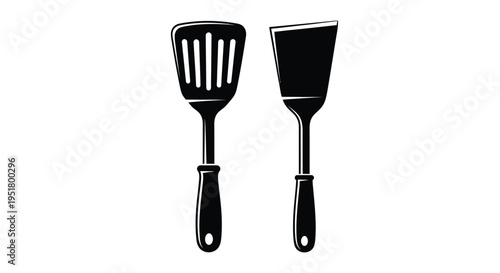 Black kitchen spatulas and slotted spoon depicted in a simple silhouette