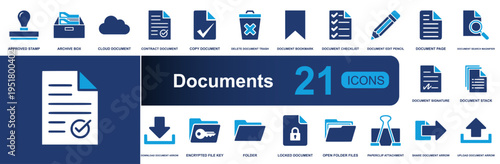 Documents icon set. Containing stamp, archive, cloud, contract, checklist, pencil, signature, folder, locked file, attachment, share, upload and more. Solid vector icons collection.