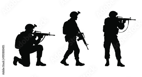 Three soldiers in combat poses a striking black silhouette