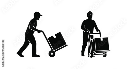 Two workers pushing hand trucks with boxes simple black silhouette