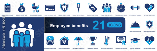 Employee benefits icon set. Containing checklist, bonus, childcare, dental, discount, family, pension, rewards, wellness, tuition, insurance and more. Solid vector icons collection.