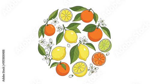 Vibrant circular design featuring an abundant array of fresh citrus fruits, including lemons, oranges, limes, and mandarins, with lush leaves and delicate blossoms.