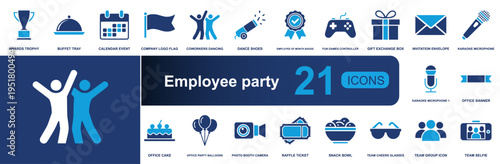 Employee party icon set. Containing awards, buffet, calendar, dancing, games, gifts, karaoke, cake, balloons, raffle, team selfie and more. Solid vector icons collection for events.