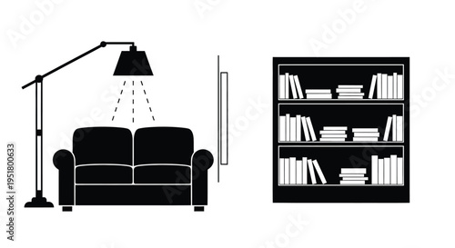 Minimalist living room scene with furniture and bookshelf black silhouette