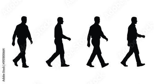 Four figures walking in sequence depicted as a striking silhouette