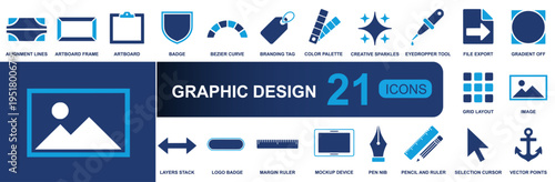 Graphic design icon set. Containing alignment, artboard, badge, bezier, branding, palette, eyedropper, grid, image, ruler, cursor, vector and more. Solid vector icons collection for design.