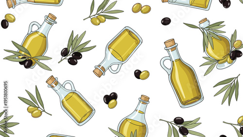 Elegant seamless pattern showcasing an assortment of olive oil bottles, interspersed with fresh olive branches and ripe green and black olives.