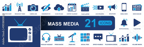 Mass media icon set. Containing analytics, broadcast, camera, cloud upload, streaming, megaphone, mobile news, podcast, press, TV, social feed and more. Solid vector icons collection.