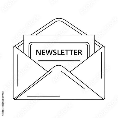 Open envelope with newsletter inside black line drawing on white background communication concept