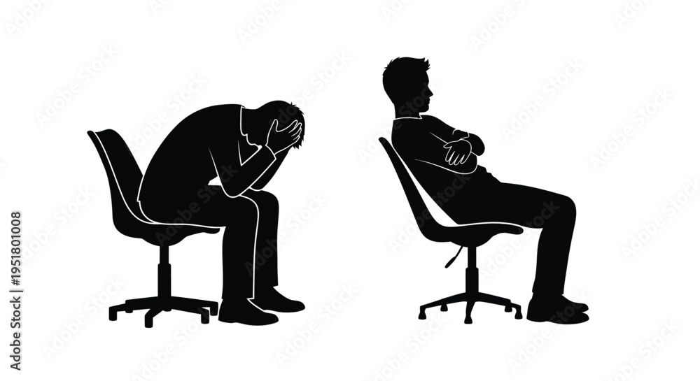 Fototapeta premium Two men in chairs one despairing and one contemplative silhouette