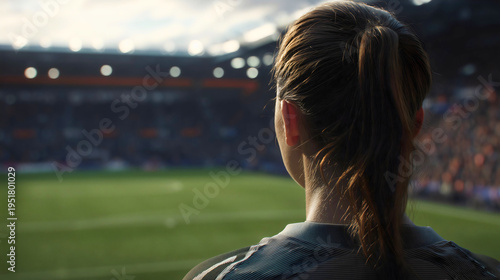 Woman looking at a green soccer field in a professional stadium, anticipation of a sports match and stadium background.