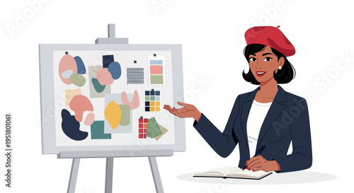 Professional female art director presenting a branding strategy and color palette for a corporate design pitch