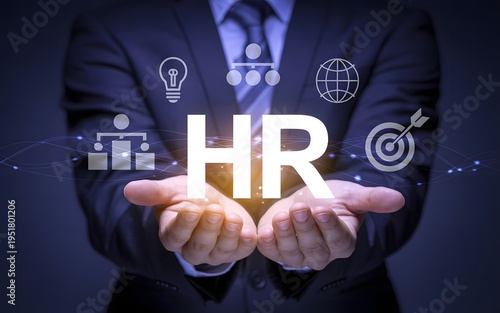 Human Resources Management Concept with Global Connection Icons and Purple Ambient Light