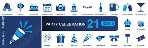 Party celebration icon set. Containing balloons, cake, candle, banner, champagne, cocktail, fireworks, gift box, party hat, whistle, selfie, ticket and more. Solid vector icons collection.
