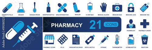 Pharmacy icon set. Containing pills, beaker, dropper, inhaler, IV drip, gloves, medicine box, prescription, syringe, thermometer and more. Solid vector icons collection for medical care.