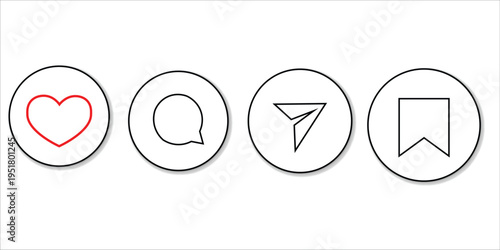 Set of 4 Social Media Engagement Icons Vector with Red Heart Like, Comment Speech Bubble, Share Arrow, and Save Bookmark Symbols for UI/UX Design